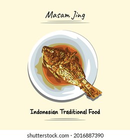 Esbozo de ilustraciones de Masam Jing y estilo vectorial, Comida tradicional de Aceh, Buen uso para el menú del restaurante, libro de recetas de comida indonesia y contenido de comida.