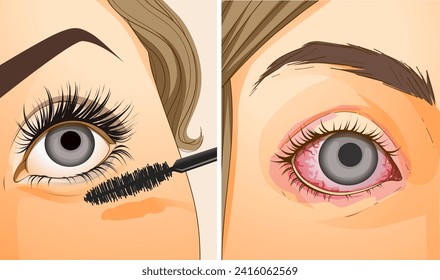 Mascara allergy. Eye allergy Eye irritation. Getting mascara in the eyes. Healthcare illustration. Vector illustration. 