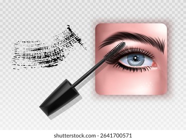 Mascara application on a woman's eye, highlighting eyelashes and cosmetics