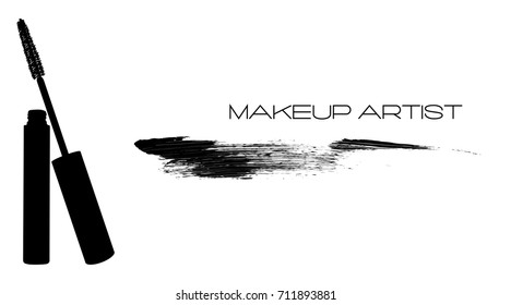 Mascara applicator with tube and smear, stroke, trace from mascara. Makeup artist logo, t-shirt design and business card concept. Hand drawn vector in graphical style. Black and white art background