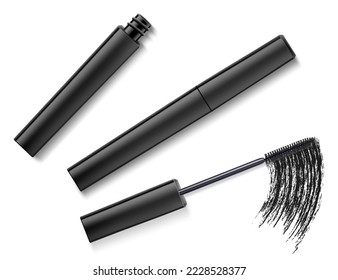 Mascara and black brush stroke, cosmetic object, beauty concept. Realistic 3d vector illustration, isolated on white background. Mascara fashion banner, template for advertising or magazine page.