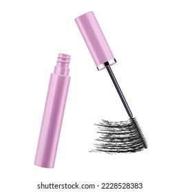 Mascara and black brush stroke, cosmetic object, beauty concept. Realistic 3d vector illustration, isolated on white background. Mascara fashion banner, template for advertising or magazine page.