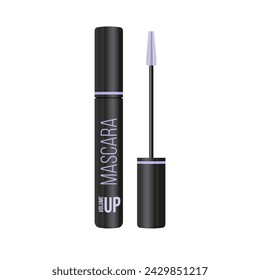 Mascara in a black tube with a purple brush. Eyelash brush and container. Eye make-up, cosmetics, fashion, beauty. Realistic isolated vector illustration