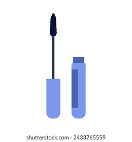 Mascara blue tube and wand applicator, simple bottle with eyelash brush vector illustration