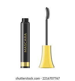 Mascara bottle and brush. Cartoon illustration of an open black tube with a wand isolated on a white background. Makeup for eyes. Vector 10 EPS.