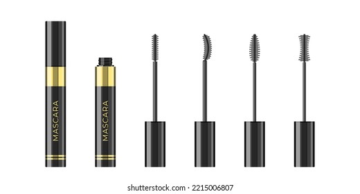 Mascara bottle and brushes. Cartoon illustration of a closed and open black tubes with a four wands isolated on a white background. Makeup for eyes. Vector 10 EPS.