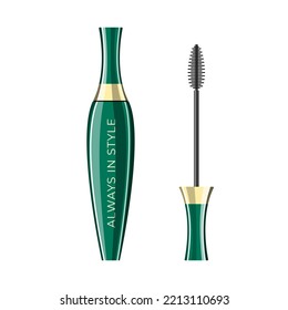 Mascara bottle icon. Cartoon illustration of a green and gold tube with a black wand isolated on a white background. Makeup for eyes. Vector 10 EPS.