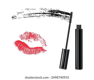 Mascara with a brush and a black stroke in a cartoon style. Vector illustration of red kiss print, mascara tube with brush, mascara stroke isolated on white background. Logo. Makeup.