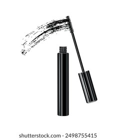 Mascara with a brush and a black stroke in a cartoon style. Vector illustration of mascara tube with brush, mascara stroke isolated on white background. Logo. Makeup. Design element.