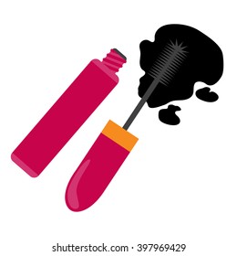 Mascara and brush for mascara. Decorative cosmetics. Colored illustration for design blog, magazine, article, beauty, department of decorative cosmetics in a store or mall.