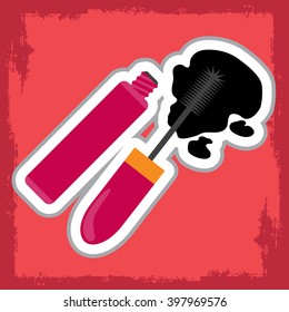 Mascara and brush for mascara. Decorative cosmetics. Colored illustration for design blog, magazine, article, beauty, department of decorative cosmetics in a store or mall.