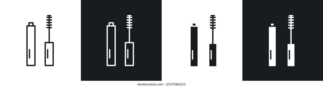 Coleção de ícones de pincel de rímel em estilo de linha de traçado e preenchido em preto e branco.