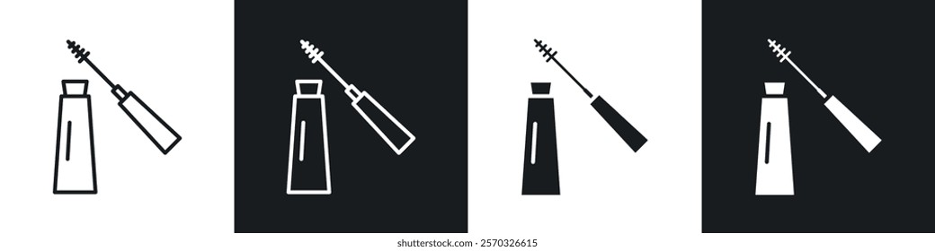 Mascara brush icons vectors set in black. line and flat versions