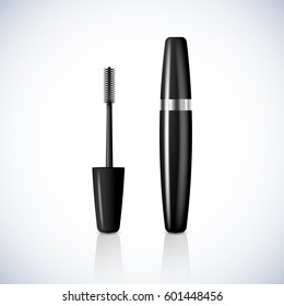 Mascara with Brush Package Design Premium Cosmetic Ads mock up template. 3D Realistic Vector Illustration.