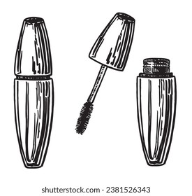 Mascara with brush, sketch. A tube with a fluffy brush at the end. Means for applying mascara to eyelashes. Decorative cosmetics for creating eye makeup. Hand drawn vector on white background. 