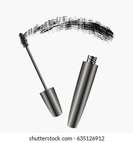 Mascara Brush Strokes. Realistic women's cosmetics for eyes. Banner for magazine, advertising. Vector illustration.