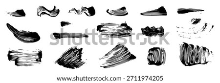 Mascara brush strokes silhouette set. Black eyelash makeup smudge outline collection, mascara swatch texture on white background