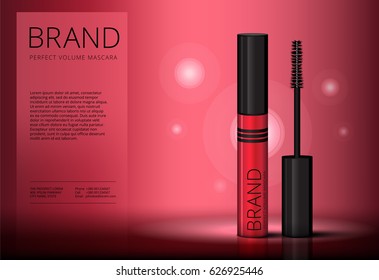 Mascara brush vector banner mock-up advertising. Realistic 3d red eyelash or eyecleaner package design. Luxury makeup cosmetic product container or tube in cherry color with beauty catalog ad layout.