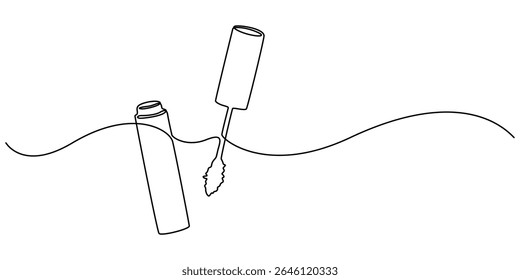 Mascara contínua um desenho de arte de linha, Vetor abstrato contínuo um único ícone de desenho de linha simples de pincel para aplicar a cosmetologia de rímel em esboço de silhueta no fundo branco, estilo de esboço