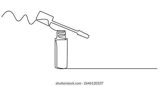 Mascara contínua um desenho de arte de linha, Vetor abstrato contínuo um único ícone de desenho de linha simples de pincel para aplicar a cosmetologia de rímel em esboço de silhueta no fundo branco, estilo de esboço