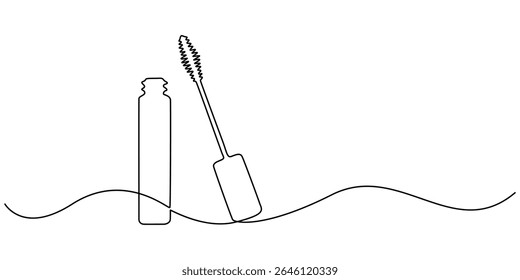 Mascara contínua um desenho de arte de linha, Vetor abstrato contínuo um único ícone de desenho de linha simples de pincel para aplicar a cosmetologia de rímel em esboço de silhueta no fundo branco, estilo de esboço