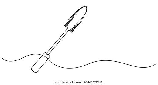 Mascara contínua um desenho de arte de linha, Vetor abstrato contínuo um único ícone de desenho de linha simples de pincel para aplicar a cosmetologia de rímel em esboço de silhueta no fundo branco, estilo de esboço