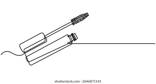  Mascara contínua uma linha arte desenho, Vetor abstrato contínuo uma linha simples ícone de desenho de pincel para aplicar mascara cosmetology em silhueta esboço branco fundo, estilo de esboço.