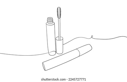 Mascara cosmetics outline. Eyeliner makeup continuous one line drawing. Decorative eyebrow cosmetics on white background