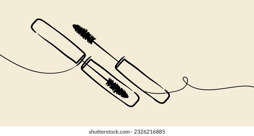 Mascara cosmetics outline. Eyeliner makeup continuous one line drawing. Decorative eyebrow cosmetics on yellow background