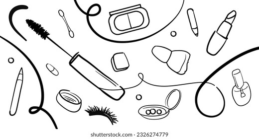 Mascara cosmetics outline. Eyeliner makeup continuous one line drawing. Decorative eyebrow cosmetics on white background. Wrapping paper cosmetics background