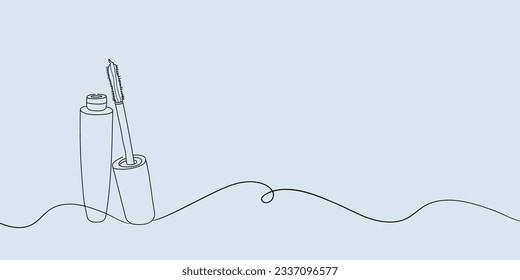 Mascara cosmetics outline. Eyeliner makeup continuous one line drawing. Decorative eyebrow cosmetics on blue background