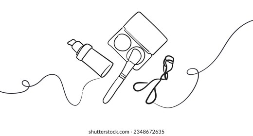 Esquema de cosméticos de mascara. 
Contexto de la fundación. Dibujo continuo de una línea de maquillaje de Eyeliner. Cosméticos decorativos de cejas sobre fondo blanco