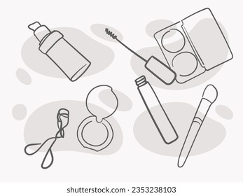 Mascara cosmetics set outline with gray shapes. Eyeliner makeup continuous one line drawing. Decorative eyebrow cosmetics on gray background. Wrapping paper cosmetics background