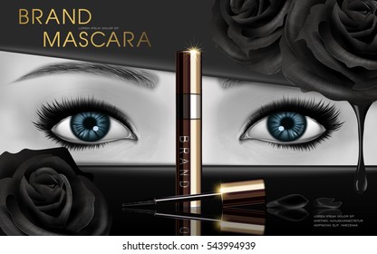 mascara design picture, with blue eyes and black rose flower elements for advertising use, black and white picture, 3d illustration 