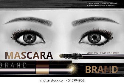 mascara design picture, with bright eyes, brush and container bottle for advertising use, black white picture, 3d illustration 