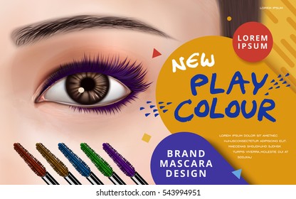 mascara design picture, with bright left eye, eyelash and colorful brushes for advertising use, 3d illustration  