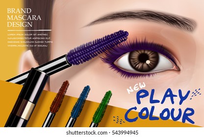 mascara design picture, with bright right eye, eyelash and colorful brushes for advertising use, 3d illustration  