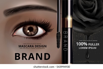 mascara design picture separated into two parts, with an single eye at the left and black rose at the right, 3d illustration 