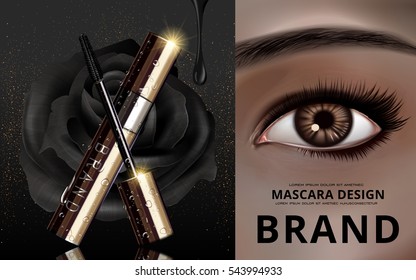 mascara design picture separated into two parts, with an single eye at the right, black rose and brush at the right, 3d illustration 