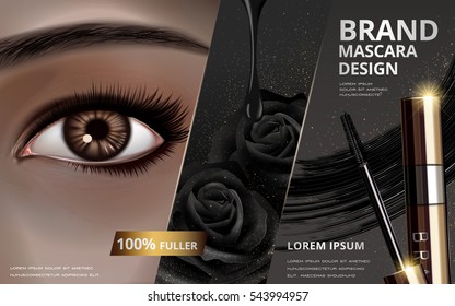 mascara design picture separated into three parts, with an single eye at the left, black rose at center and brush at right, 3d illustration 