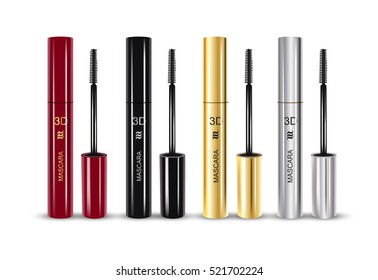 Mascara in different color of container. Vector illustration realistic mascara brush and its container.