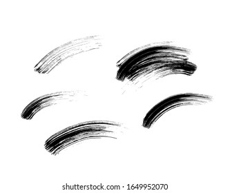 Mascara eyelashes brush stroke set isolated on white background. Vector black hand drawn lash scribble texture swatch for mascara cosmetic makeup design.