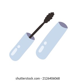 Mascara for eyelashes. Vector hand-drawn cartoon illustration of an open Mascara tube isolated on a white background. Cosmetic accessories.