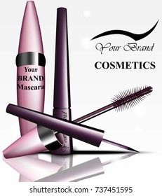 Mascara and eyeliner cosmetics package product. Vector realistic products. Advertising template background