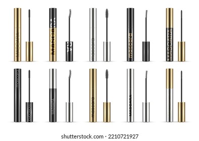 Máscara para ojos con pincel y tubo de contenedor conjunto de ilustración vectorial realista. Belleza cosmetología tinta pestañas pintando diseño premium. Elegante esteticista eyeliner aplicador de maquillaje artístico