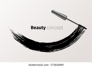 Banner de moda Mascara, modelo claro para publicidade ou página de revista. Objeto cosmético vetorial realista, conceito de beleza