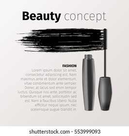 Mascara fashion banner, template for advertising or magazine page. Realistic vector cosmetic objects