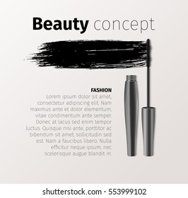 Mascara fashion banner, template for advertising or magazine page. Realistic vector cosmetic objects