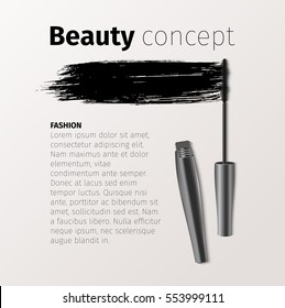 Mascara fashion banner, template for advertising or magazine page. Realistic vector cosmetic objects