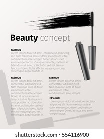 Mascara fashion banner, template for advertising or magazine page. Realistic vector cosmetic objects